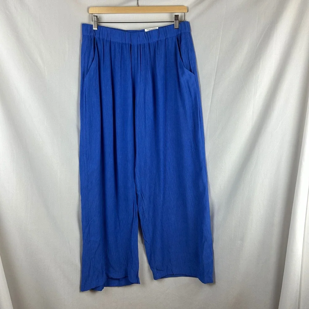 JM Collection Women Wide Leg Pants Blue Crinkle Textured Elastic Waist Large New